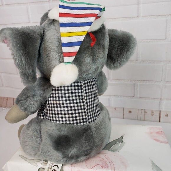 Vintage Belgium Gray Dressed Elephant Plush Trunk Up Pink RARE Stuffed Animal - Picture 7 of 12